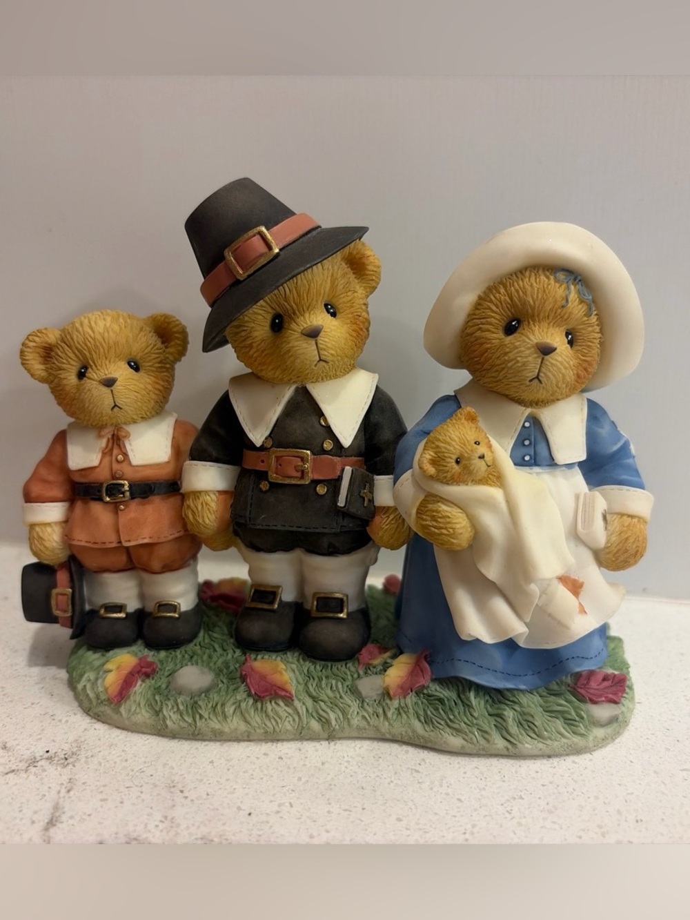 Cherished Teddies Pilgrim Bear Family Figurine - Black, Blue & Tan